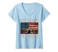 Womens Patriotic Weightlifting Dog American Flag Bodybuilders V-Neck T-Shirt