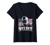 Womens Patriotic Welder American Flag Welding for Metal Worker V-Neck T-Shirt