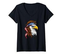 Womens Patriotic White Head Eagle US Flag Bandana Mullet Cool Eagle V-Neck T-Shirt