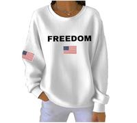 womens patriots clothes Freedom Sweatshirt for Women Crew Neck Long Sleeve American Flag Shirt Casual Patriot Freedom Shirts Sweatshirts White S