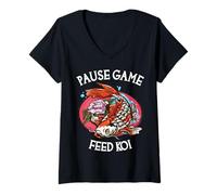 Women's Pause Game Feed Koi Funny Gaming Koi Lover V-Neck T-Shirt