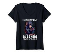 Womens Paused My Chat Funny Online Dating App Cute Chimpanzee V-Neck T-Shirt