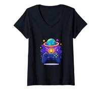 Womens Paused Planet Gaming Control System V-Neck T-Shirt