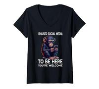 Womens Paused Social Media Funny Online Dating Cute Chimpanzee V-Neck T-Shirt