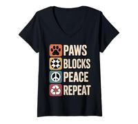 Womens Paws Blocks Peace Repeat Funny Quilting V-Neck T-Shirt