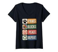 Womens Paws Blocks Peace Repeat Quilt Funny Quilting V-Neck T-Shirt