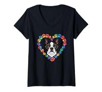 Women's Paws Dye Heart Boston Terrier V-Neck T-Shirt