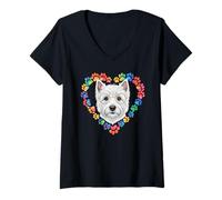 Women's Paws Dye Heart West Highland White Terrier Westie V-Neck T-Shirt