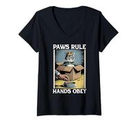 Womens Paws Rule Hands Obey Cat in Box Food Bowl Funny Cat V-Neck T-Shirt