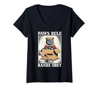 Womens Paws Rule Hands Obey Cat In Box Food Bowl Funny Cat V-Neck T-Shirt
