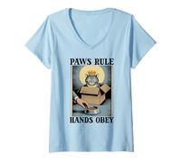 Womens Paws Rule Hands Obey Cat Lover Cat in Box Funny Cat V-Neck T-Shirt