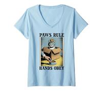 Womens Paws Rule Hands Obey Cat Lover Cat in Box Funny Cat V-Neck T-Shirt