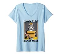 Womens Paws Rule Hands Obey Cat Lover Cat in Box Funny Cat V-Neck T-Shirt