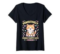 Women's Pawsitively Fixing Fluffy Cats Vet Tech Veterinarian Kitten V-Neck T-Shirt