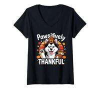 Womens Pawsitively Thankful Pilgrim Dog Autumn Grateful Paws V-Neck T-Shirt