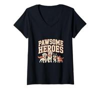 Womens Pawsome Heroes Superhero Dogs Group Design V-Neck T-Shirt