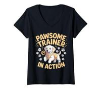 Womens Pawsome Trainer in Action Dog Pet Discipline Obedience - V-Neck T-Shirt