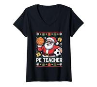 Womens PE Teacher Santa Ugly Christmas Sweater Physical Education V-Neck T-Shirt