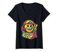 Women's Peace Bruh Tie Dye Smile Face Smiling Groovy School Student V-Neck T-Shirt