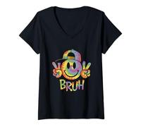 Womens Peace Bruh Tie Dye Smile Face Smiling Groovy School Student V-Neck T-Shirt