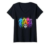 Women's Peace Colorful Graffiti Dripping Paint Street Art V-Neck T-Shirt