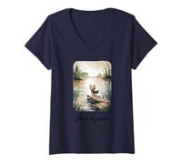Women's Peace is Power Cute Cat By Calm Lake Art V-Neck T-Shirt