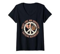 Women's Peace, Love and Caffeine Coffee Lover Retro V-Neck T-Shirt