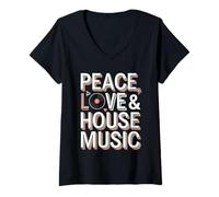 Womens Peace Love and House Music Rave Design V-Neck T-Shirt