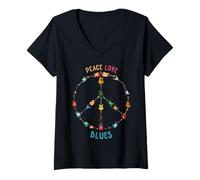 Women's Peace Love Blues Music Guitars Rock Hippie 70s V-Neck T-Shirt