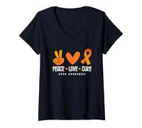 Women's Peace Love Cure ADHD Awareness Orange Ribbon Hippie Heart V-Neck T-Shirt