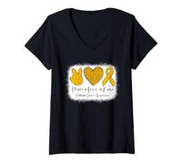Womens Peace Love Cure Childhood Cancer Awareness Ribbon Support V-Neck T-Shirt