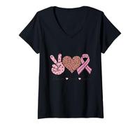 Womens Peace Love Cure Leopard Support Breast Cancer Awareness V-Neck T-Shirt