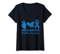 Women's Peace Love Cure Type 1 Diabetes Awareness T1D Blue Ribbon V-Neck T-Shirt
