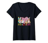 Women's Peace Love Easter Bunny Munchkin Cat Hunting Colorful Eggs V-Neck T-Shirt