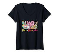 Women's Peace Love Easter Bunny Savannah Cat Hunting Colorful Eggs V-Neck T-Shirt