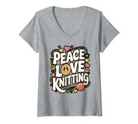 Womens Peace Love Knitting Retro Yarn Design V-Neck T-Shirt
