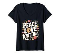 Womens Peace Love Knitting Retro Yarn Design V-Neck T-Shirt
