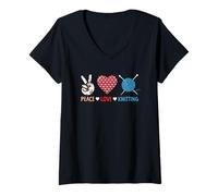 Womens Peace Love Knitting Yarn Needle Craft V-Neck T-Shirt