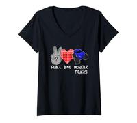 Womens Peace Love Monster Trucks Peace Sign Heart Monster Truck V-Neck T-Shirt