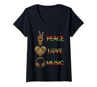 Women's Peace Love Music Rasta Reggae Style Vintage V-Neck T-Shirt