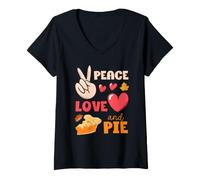 Women's Peace Love Pie Funny Thanksgiving Day Heart Pilgrim Turkey V-Neck T-Shirt