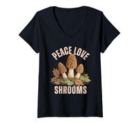 Women's Peace Love Shrooms Morel Mushroom Foraging V-Neck T-Shirt