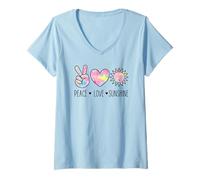 Women's Peace Love Sunshine Retro Pastel Hand Heart Sun Positive V-Neck T-Shirt