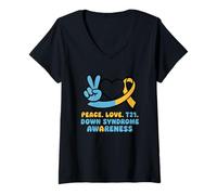 Womens Peace Love T21 Down Syndrome Awareness V-Neck T-Shirt