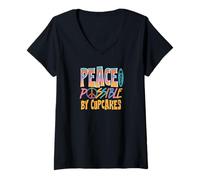 Womens Peace Made Possible by Cupcakes Funny Concentration V-Neck T-Shirt