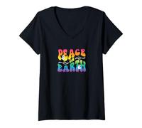 Womens Peace on Earth, Hand Signs, Wavy Bubble Text, Rainbow Colors V-Neck T-Shirt