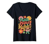 Womens Peace Petals and Positivity Retro Flower Power Design V-Neck T-Shirt