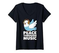 Women's Peace Through Music Cute Dove Headphones Retro Positive Bird V-Neck T-Shirt