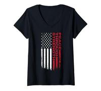 Womens Peace Through Strength - Distressed Flag USA Graphic V-Neck T-Shirt