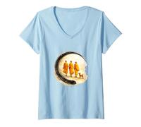 Women's Peace Walking Monks, Minimalist Mindfulness Zen Art V-Neck T-Shirt